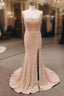 Champagne Mermaid Sequins Strapless Split Prom Dress