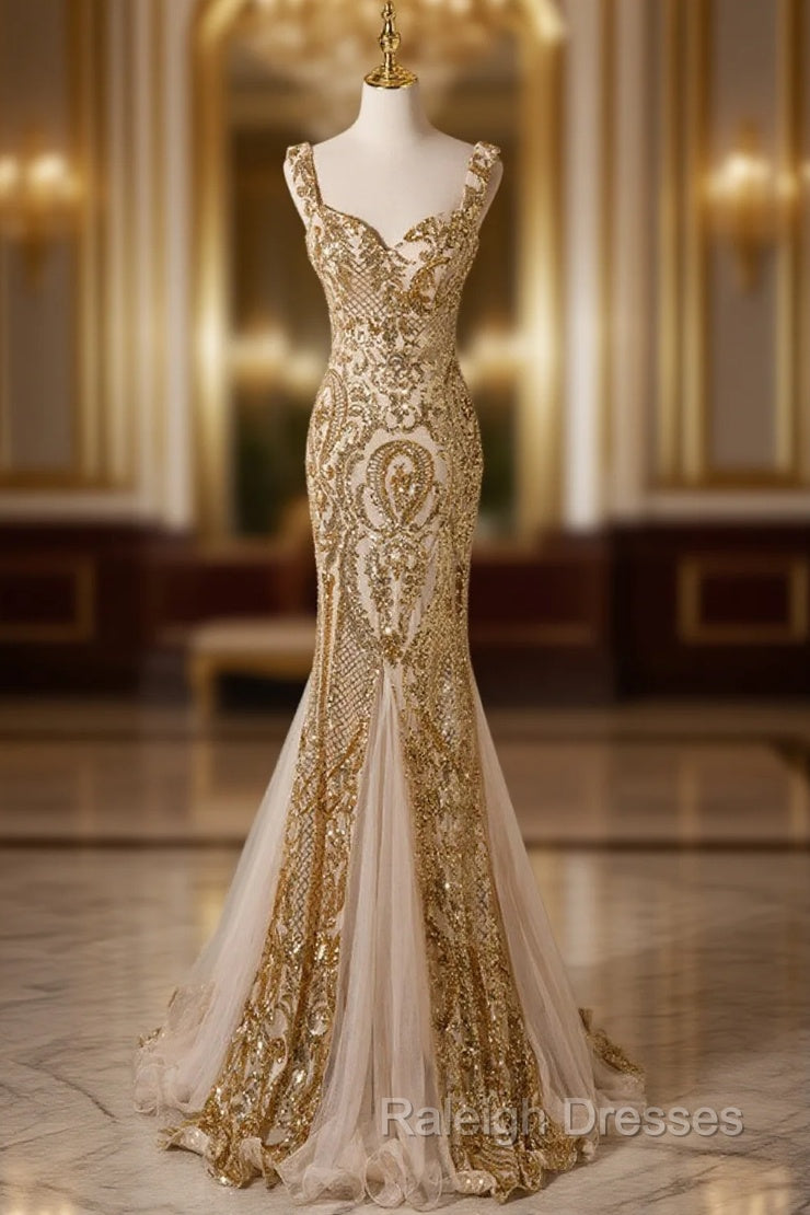 Champagne Mermaid Sequins Straps Evening Dress, Champagne Sequins Prom Dress Main image