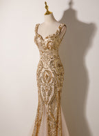 Champagne Mermaid Sequins Straps Long Prom Dresses Champagne Prom Dresses