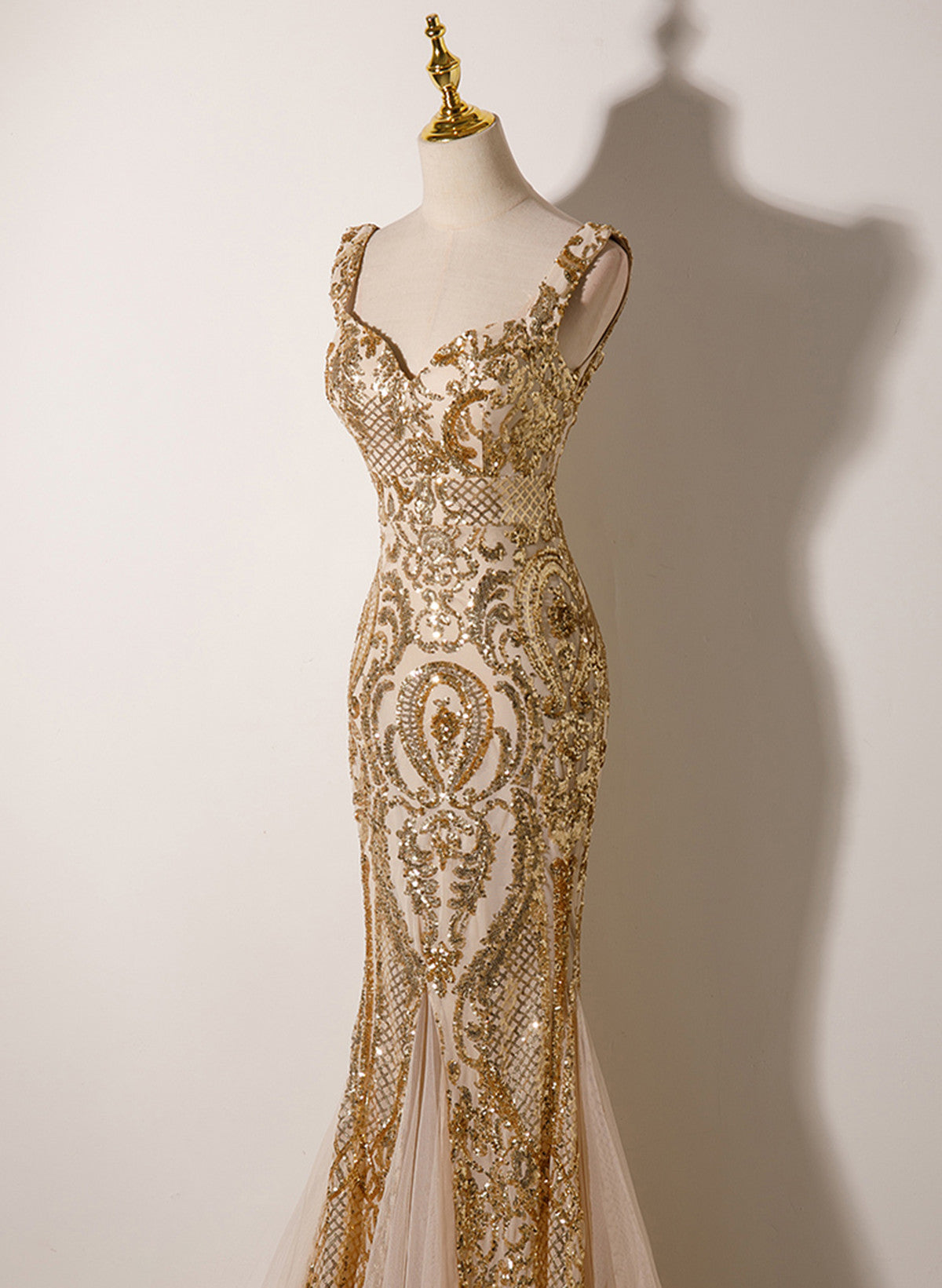 Champagne Mermaid Sequins Straps Long Prom Dresses Champagne Prom Dresses