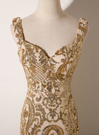 Champagne Mermaid Sequins Straps Long Prom Dresses Champagne Prom Dresses