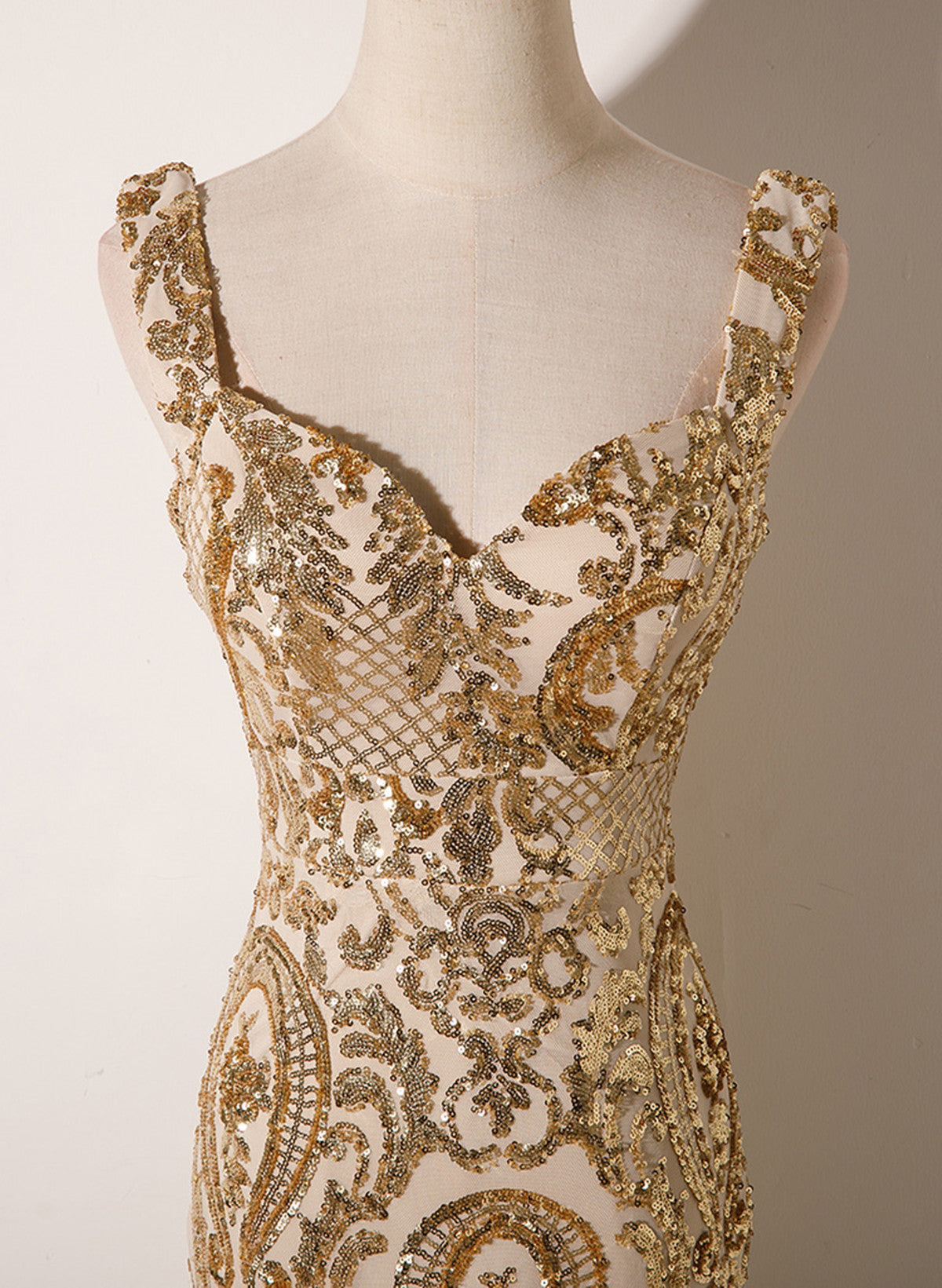 Champagne Mermaid Sequins Straps Long Prom Dresses Champagne Prom Dresses