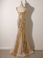 Champagne Mermaid Sequins Straps Long Prom Dresses Champagne Prom Dresses