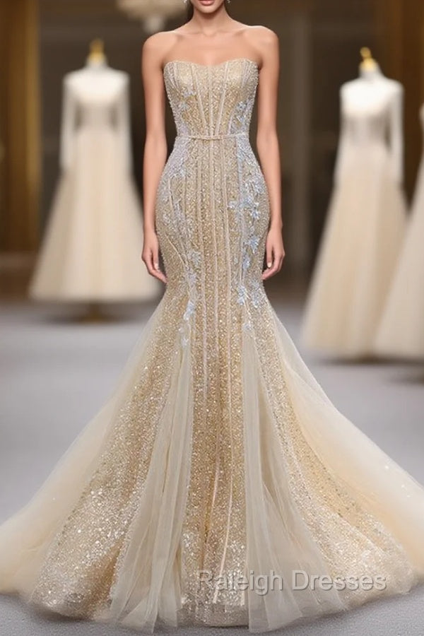 Champagne Mermaid Sequins Tulle Strapless Appliques Prom Dress