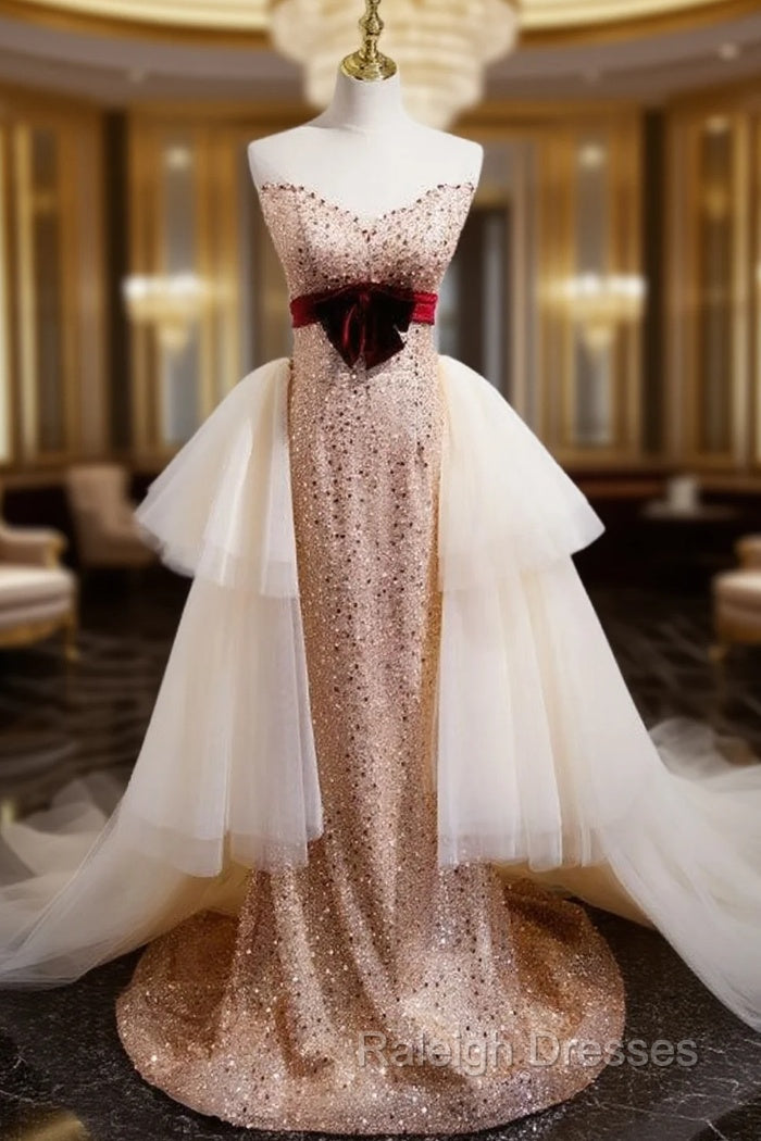 Champagne Mermaid Sequins Tulle Strapless Prom Dress