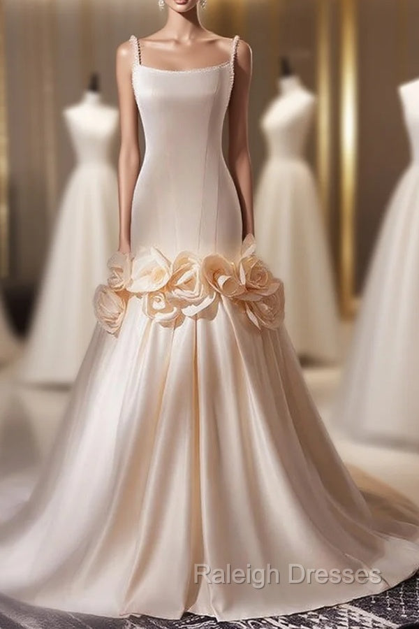 Champagne Mermaid Spaghetti Straps Pearls Flower Wedding Dress Main image
