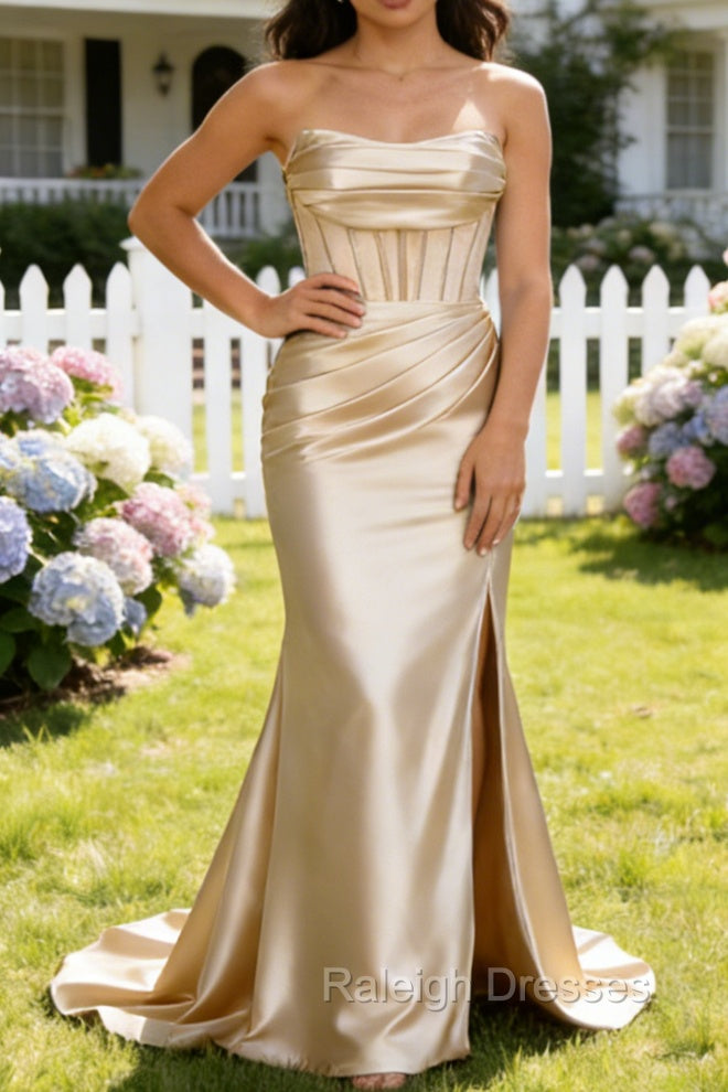 Champagne Mermaid Strapless Pleated Corset Long Prom Dress with Slit Main image