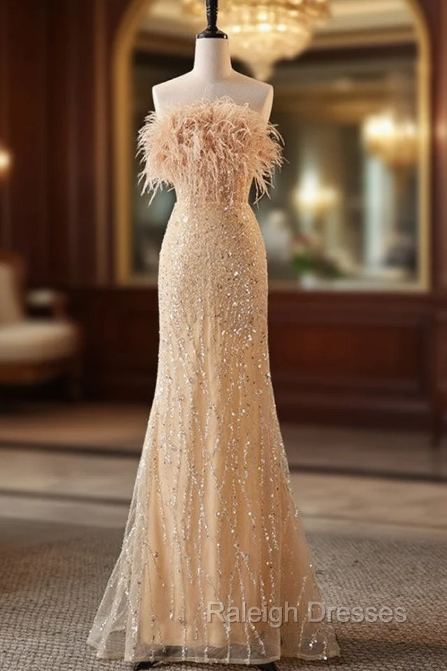 Champagne Mermaid Strapless Sequins Feather Prom Dress Main image