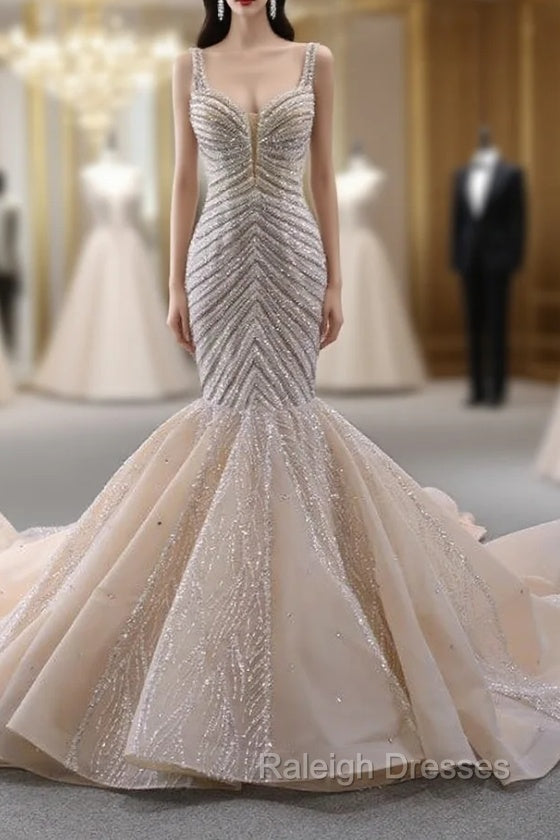 Champagne Mermaid Straps Beading Prom Dress Main image