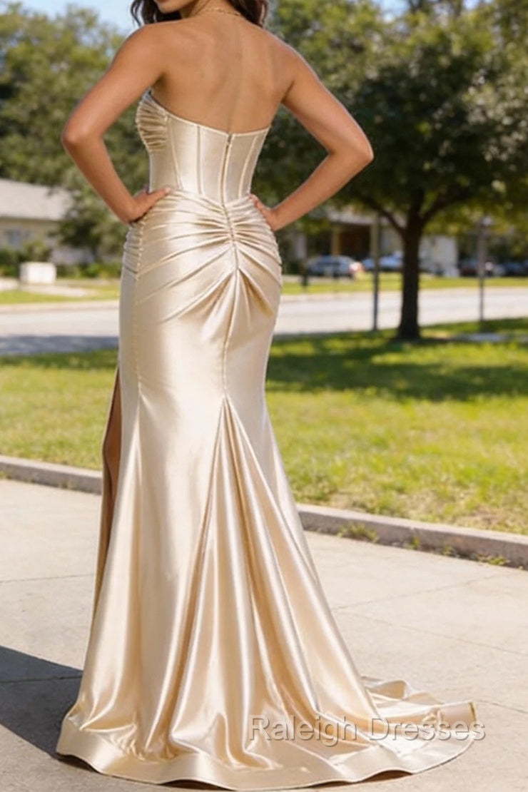 Champagne Mermaid Sweetheart Corset Prom Dresses Long with Slit
