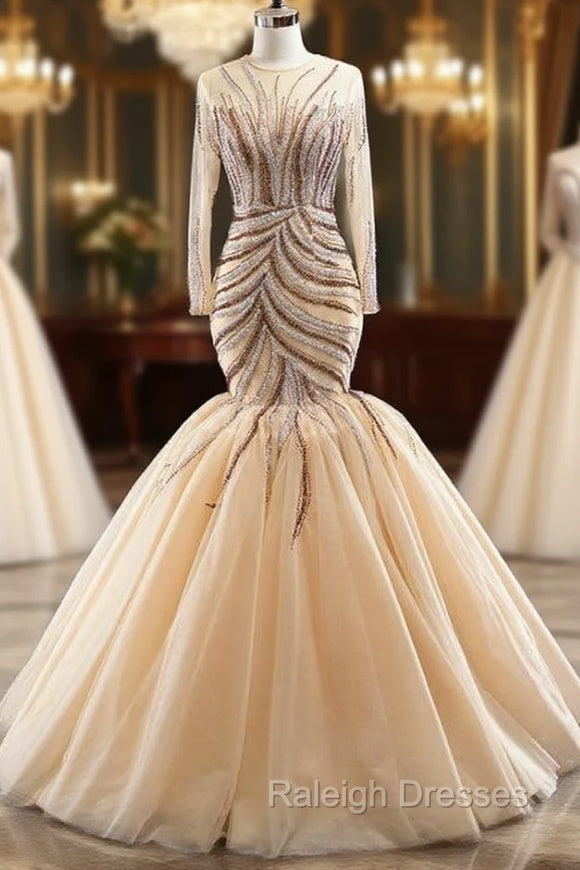 Champagne Mermaid Tulle Beading Long Sleeve Prom Dress Main image