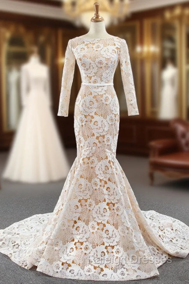 Champagne Mermaid Tulle Lace Flower Long Sleeve Prom Dress Main image