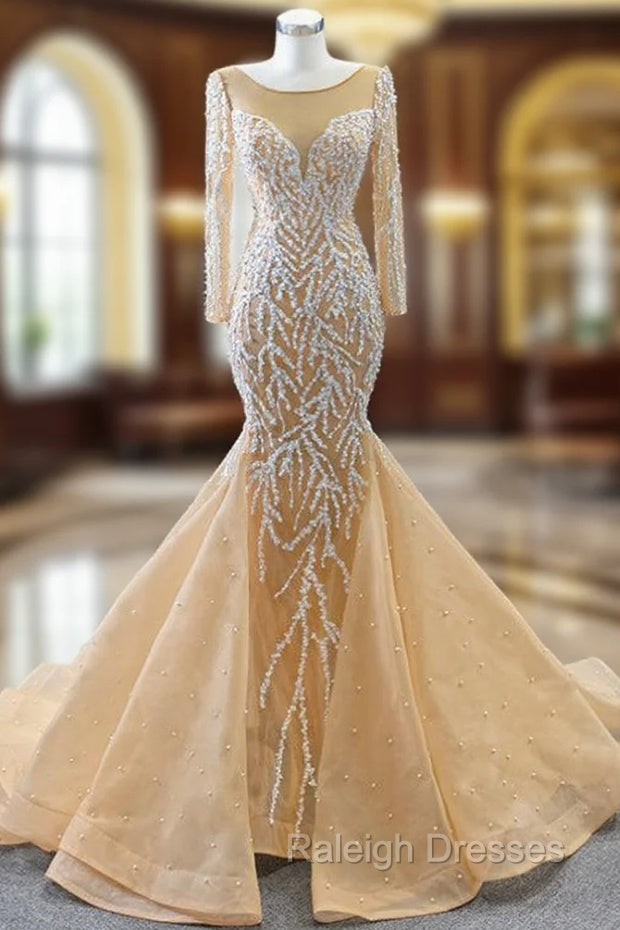Champagne Mermaid Tulle Long Sleeve Pearls Prom Dress Main image