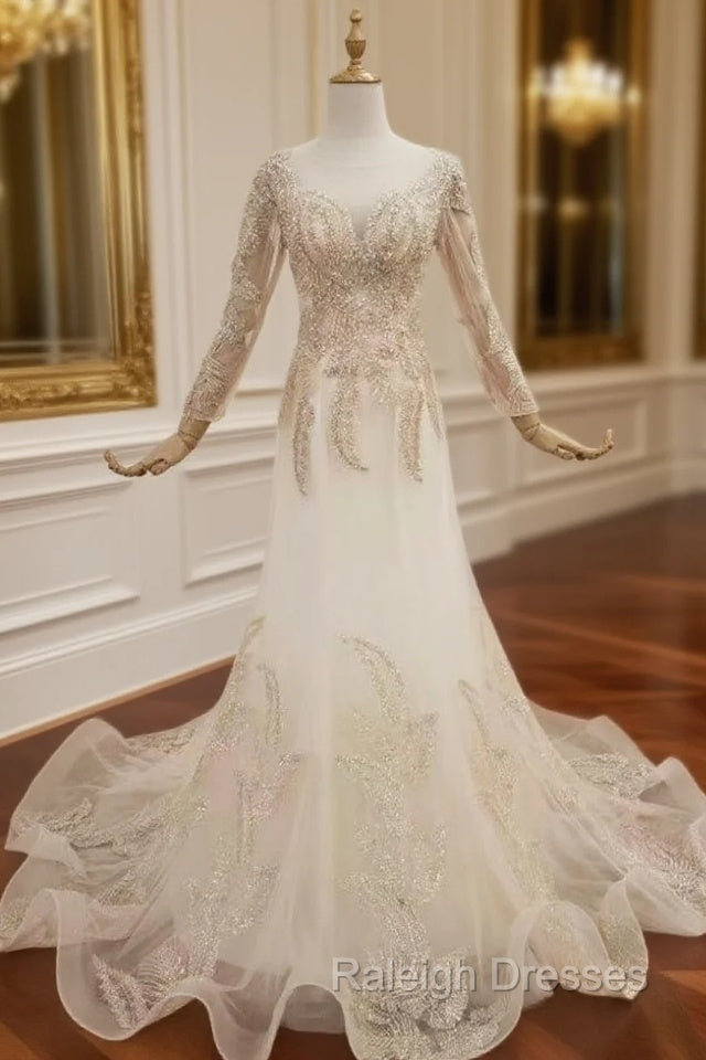 Champagne Mermaid Tulle Long Sleeve Prom Dress With Beading Main image