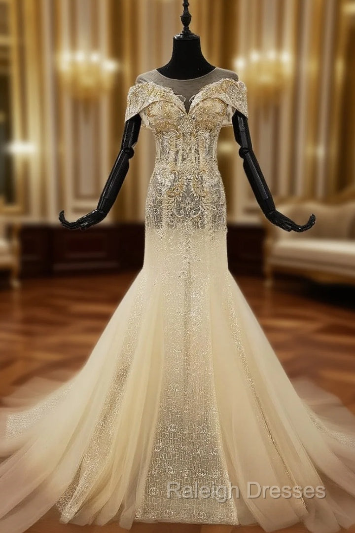 Champagne Mermaid Tulle Sequins Cap Sleeve Beading Crystal Wedding Dress Main image