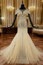 Champagne Mermaid Tulle Sequins Cap Sleeve Beading Crystal Wedding Dress