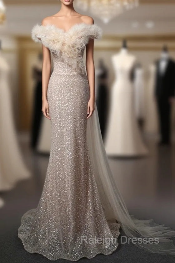 Champagne Mermaid Tulle Sequins Off the Shoulder Prom Dress