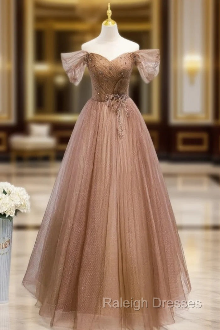 Champagne Off Shoulder Beaded A-line Tulle Long Party Dress, Long Evening Gown Main image