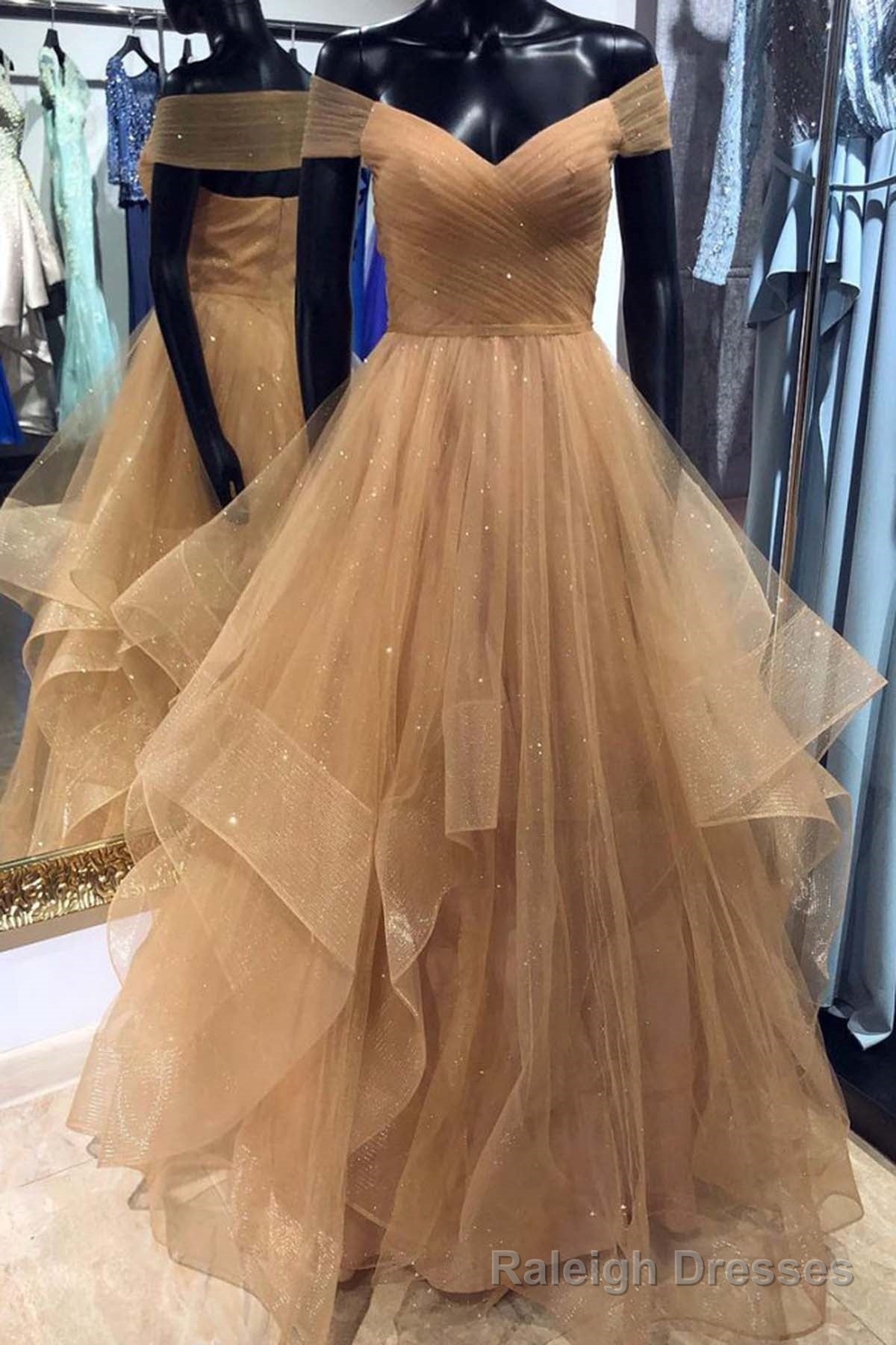 Champagne Off Shoulder Long Prom Dress with Layered Skirt Main image