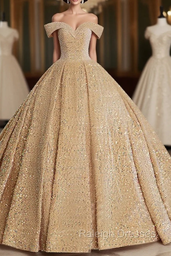 Champagne Off Shoulder Sequin Long Prom Dress, Champagne Formal Dress Secondary image