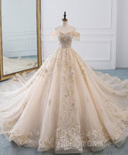 Champagne Off Shoulder Tulle Lace Long Wedding Dress, Wedding Gown Prom Dresses