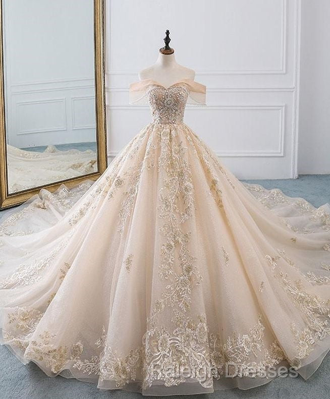 Champagne Off Shoulder Tulle Lace Long Wedding Dress, Wedding Gown Prom Dresses