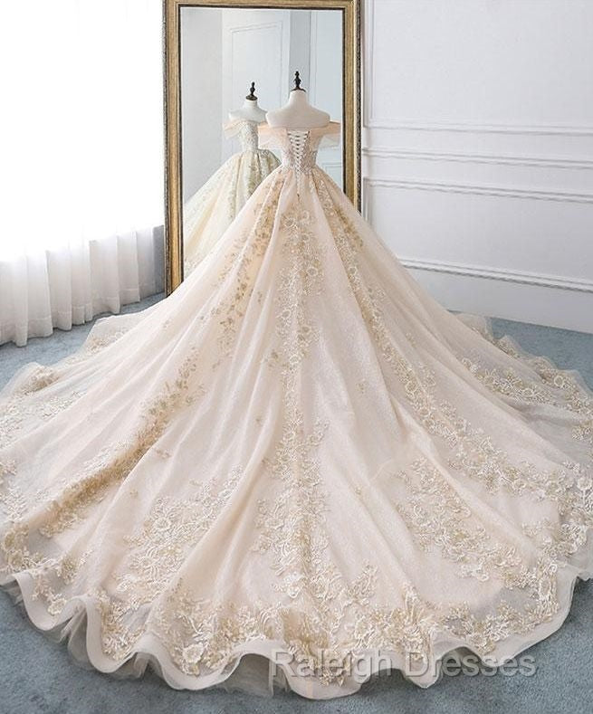 Champagne Off Shoulder Tulle Lace Long Wedding Dress, Wedding Gown Prom Dresses