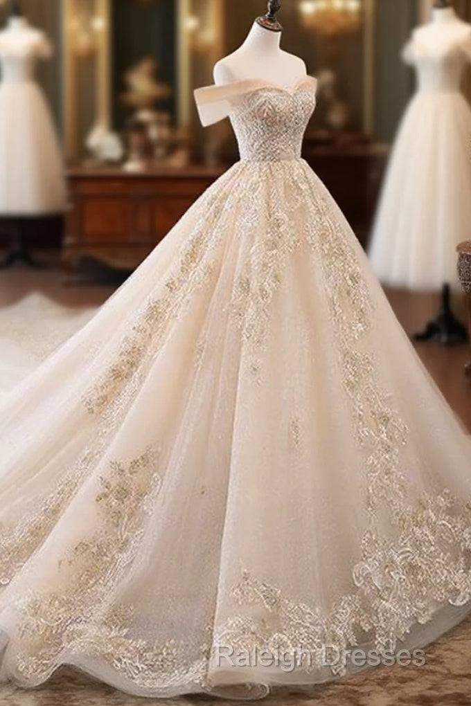 Champagne Off Shoulder Tulle Lace Long Wedding Dress, Wedding Gown Prom Dresses