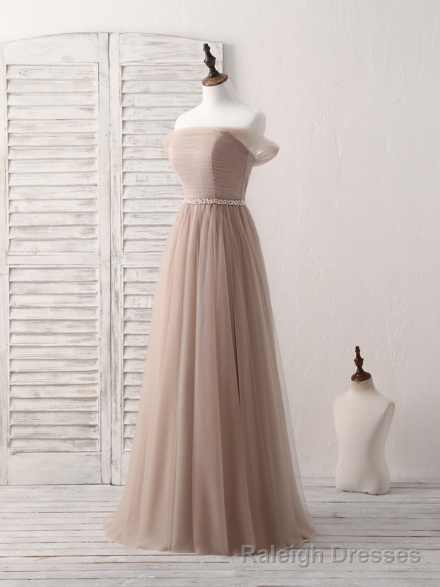 Champagne Off Shoulder Tulle Long Prom Dress, Champagne Prom Dress