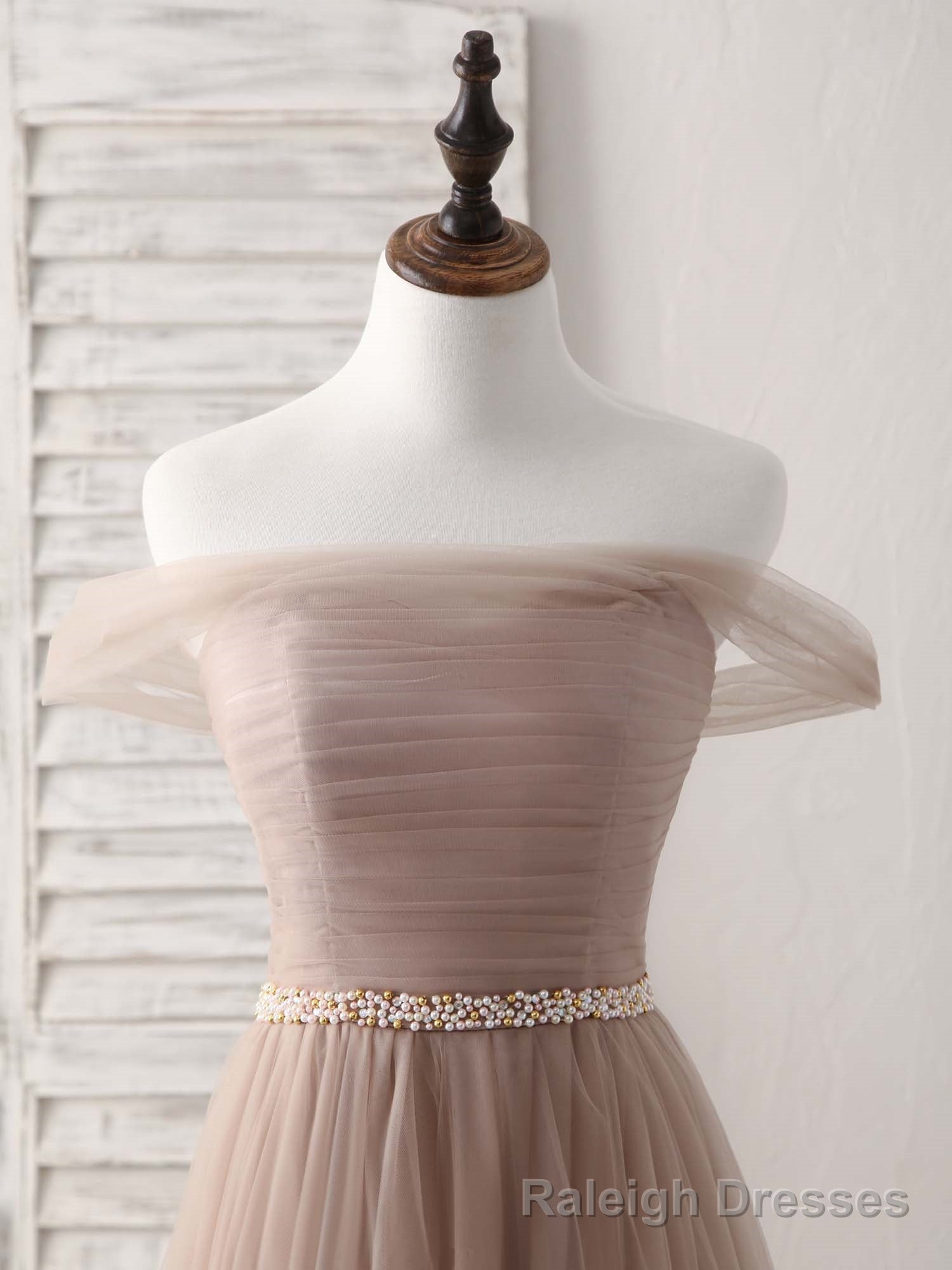 Champagne Off Shoulder Tulle Long Prom Dress, Champagne Prom Dress