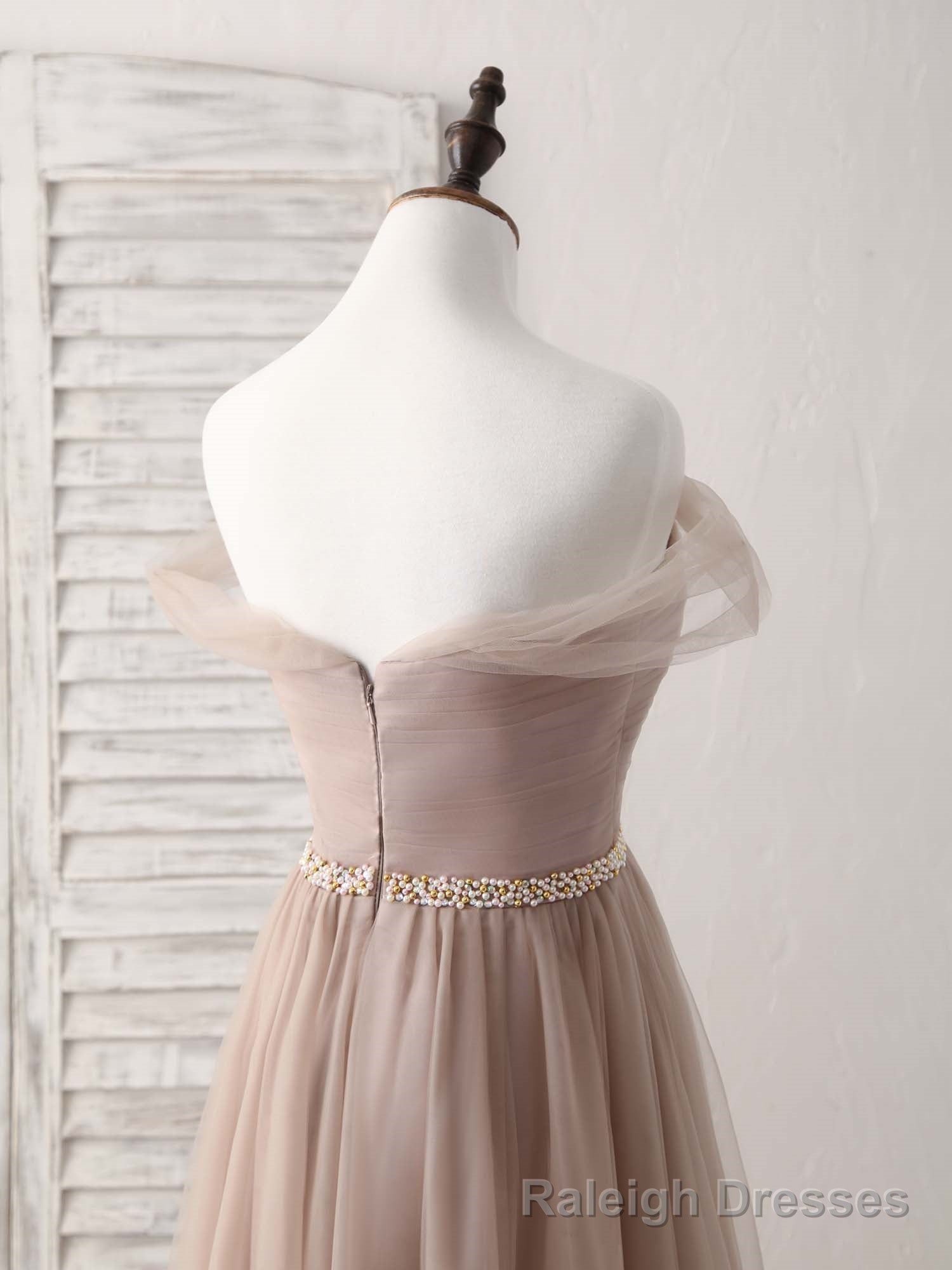 Champagne Off Shoulder Tulle Long Prom Dress, Champagne Prom Dress