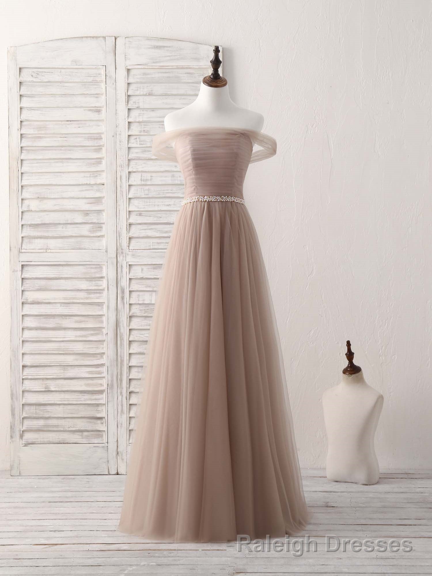 Champagne Off Shoulder Tulle Long Prom Dress, Champagne Prom Dress