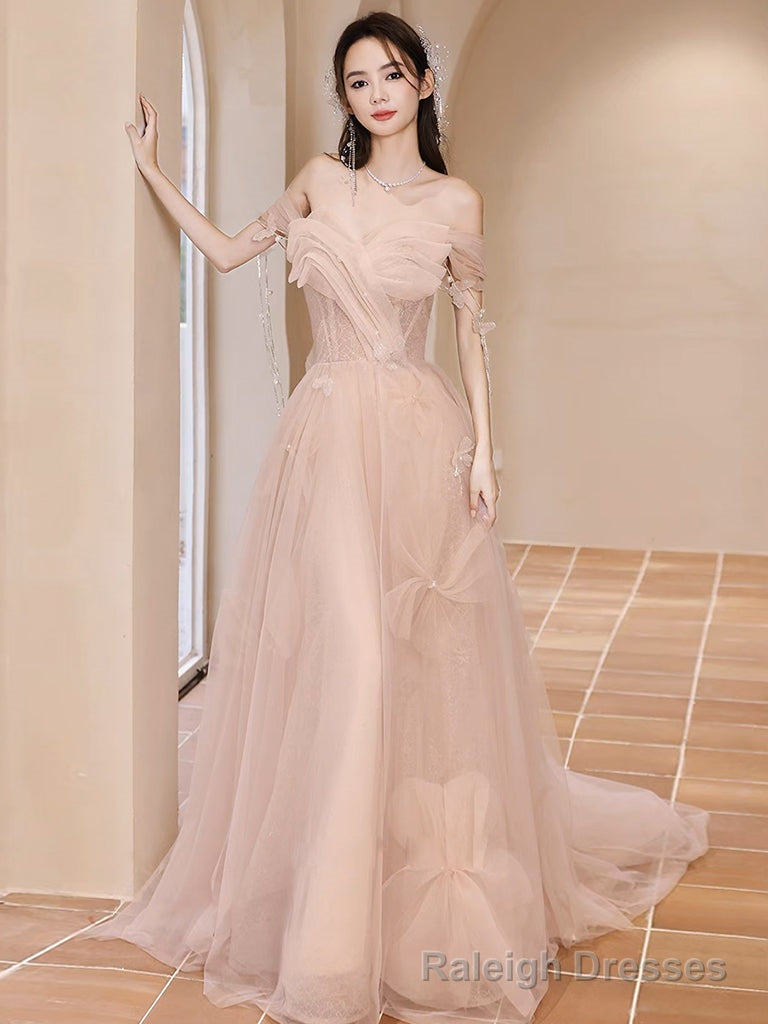 Champagne Off Shoulder Tulle Sequin Long Prom Dress, Champagne Evening Dress Main image