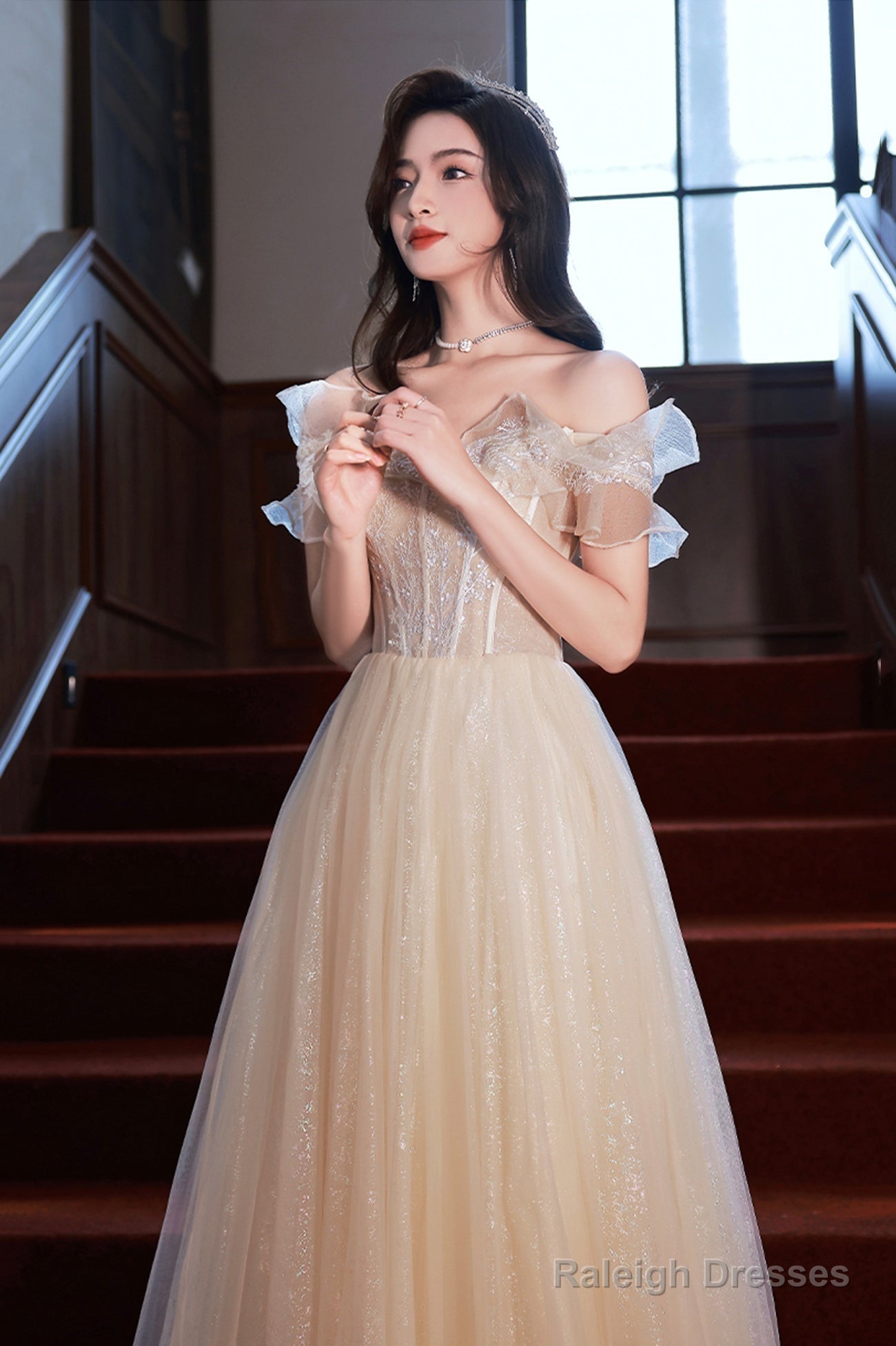 Champagne Off The Shoulder Lace Long Prom Dress, A-Line Evening Party Dress Secondary image