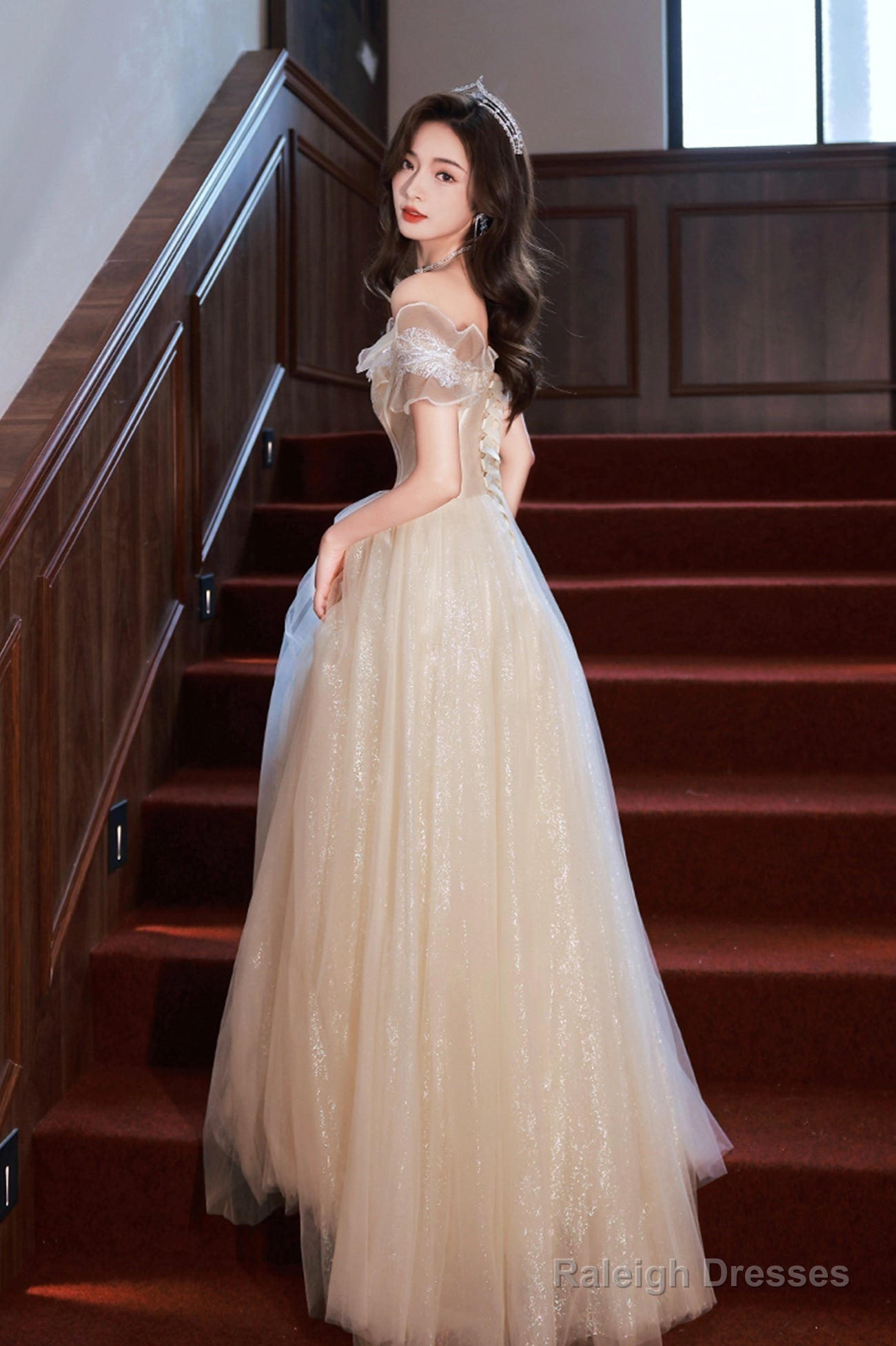 Champagne Off The Shoulder Lace Long Prom Dress, A-Line Evening Party Dress