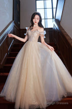 Champagne Off The Shoulder Lace Long Prom Dresses A-Line Prom Dresses