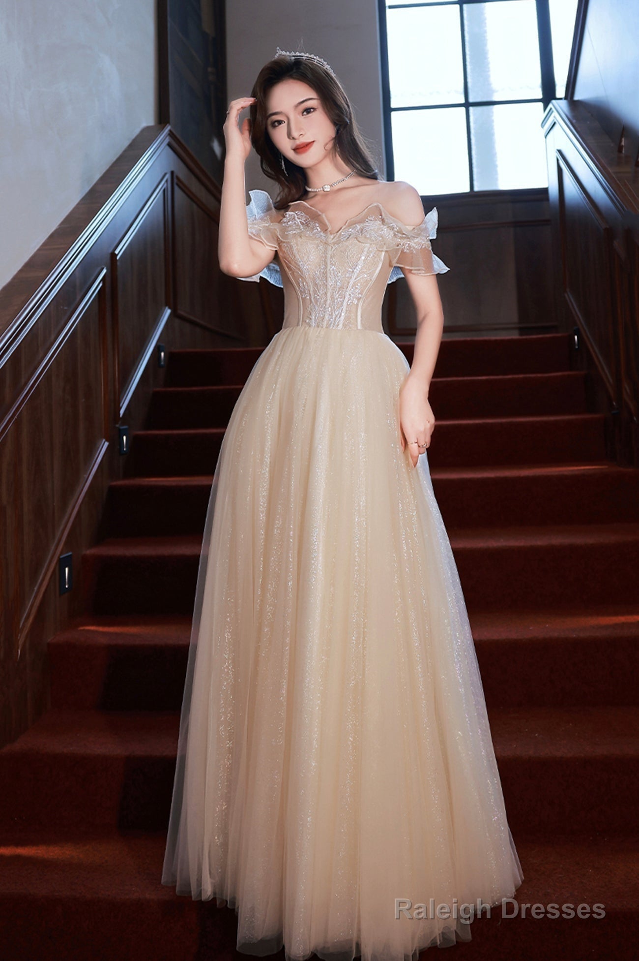 Champagne Off The Shoulder Lace Long Prom Dress, A-Line Evening Party Dress Main image