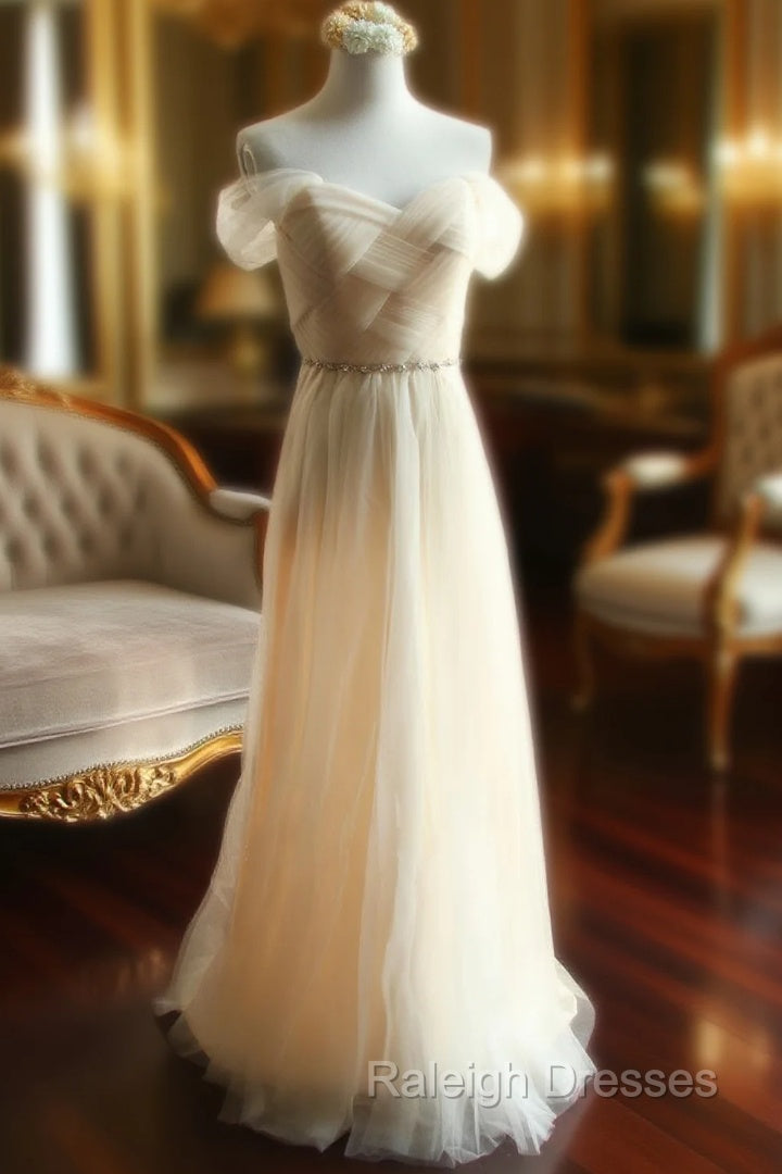 Champagne Off The Shoulder Tulle Bridesmaid Dress