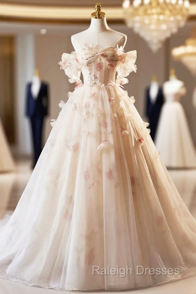 Champagne Off the Shoulder Tulle Floral Floor Length Long Prom Dresses Main image