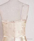 Champagne One Shoulder Satin Midi Bridesmaid Dress