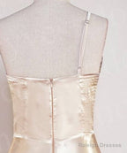 Champagne One Shoulder Satin Midi Bridesmaid Dresses