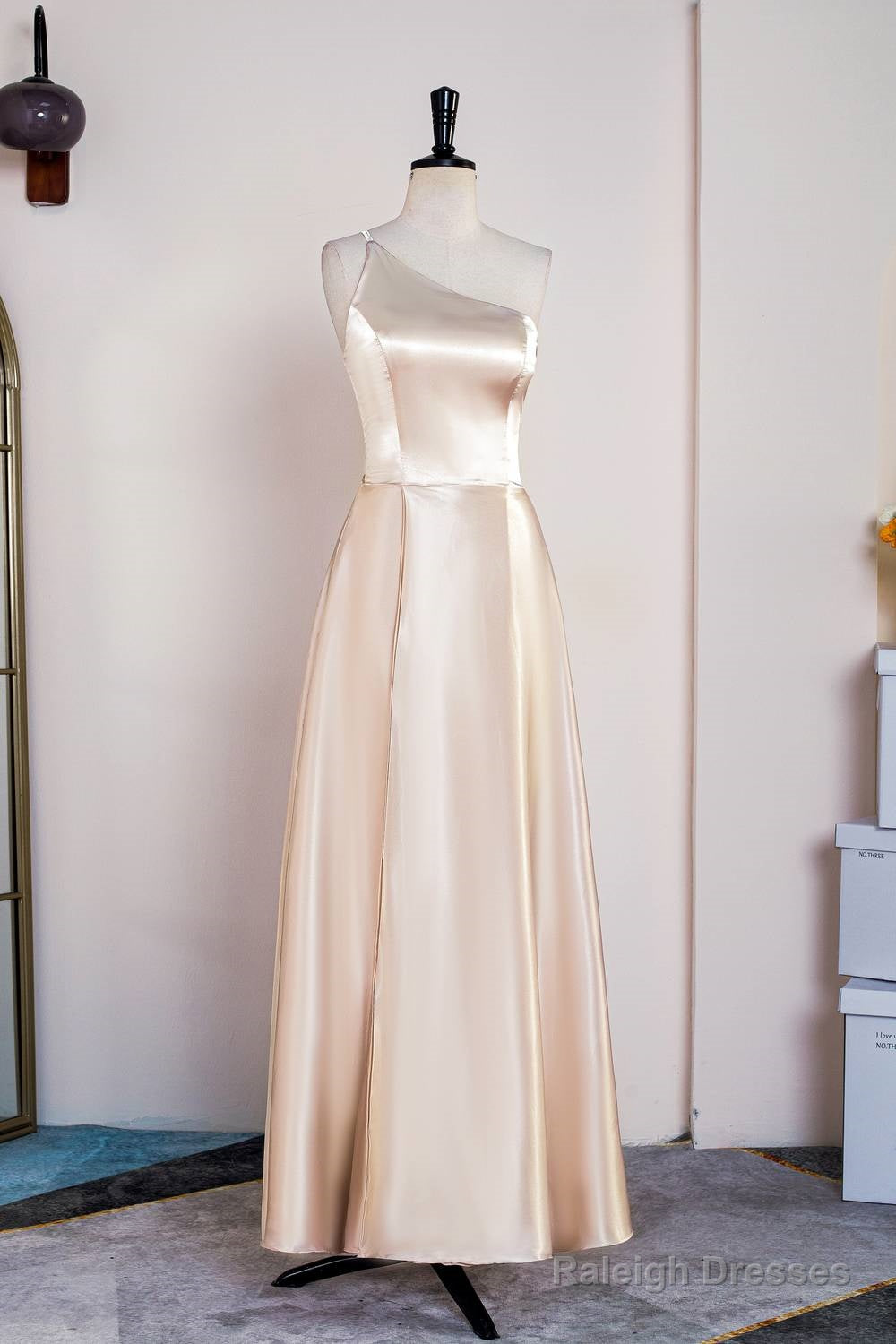 Champagne One Shoulder Satin Midi Bridesmaid Dress Main image