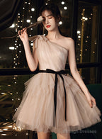 Champagne One Shoulder Tulle Short Party Dress, Short Homecoming Dresses