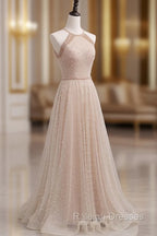 Champagne Pink Long Prom Dress, A Line Tulle Formal Dress Graduation Dresses