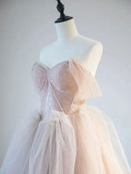 Champagne Pink Off Shoulder Tulle Lace Long Formal Prom Dress, Champagne Formal Dress