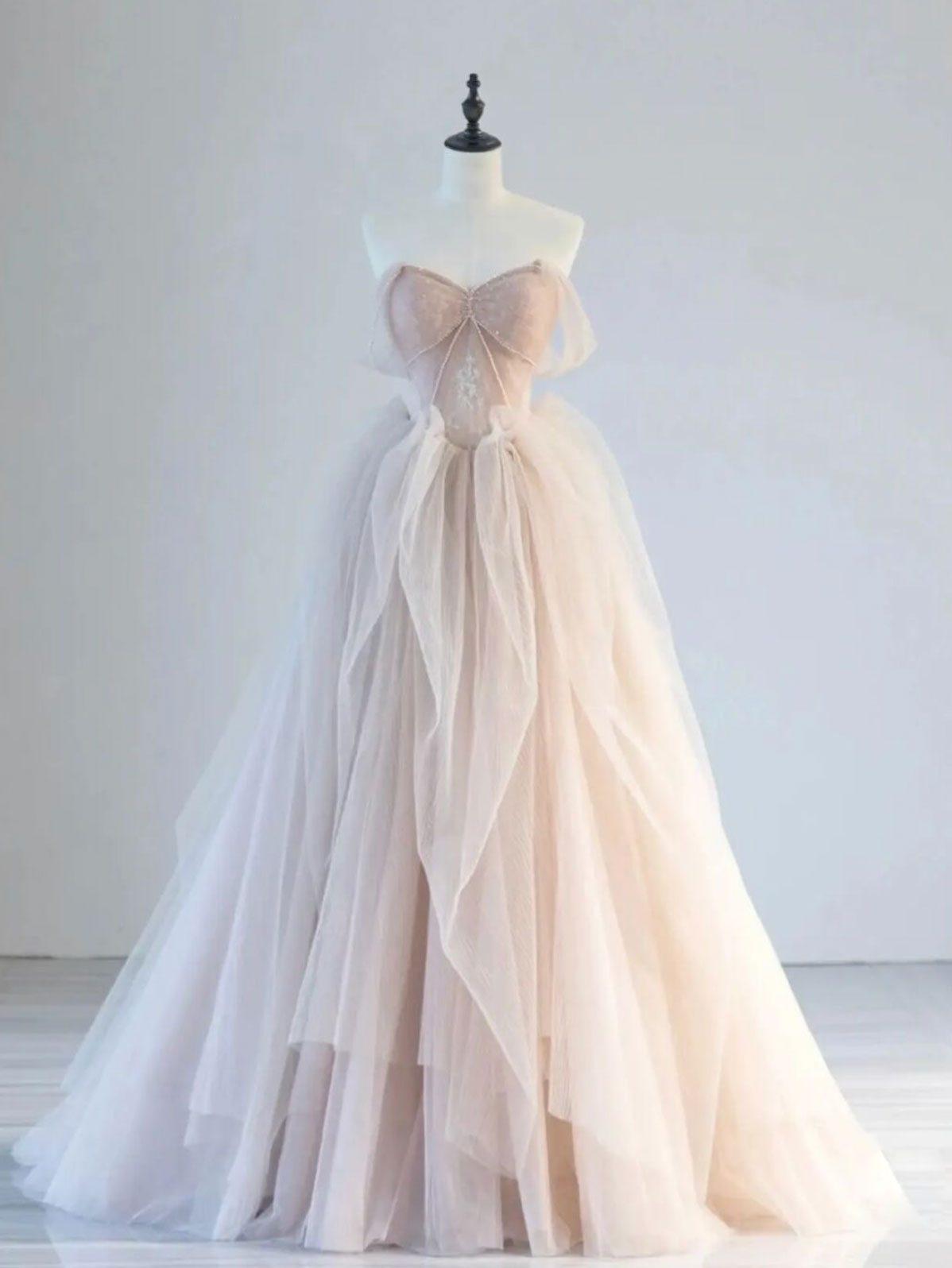 Champagne Pink Off Shoulder Tulle Lace Long Formal Prom Dress, Champagne Formal Dress Main image