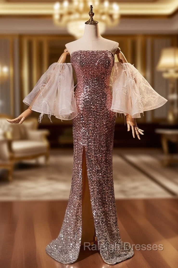 Champagne Pink Sequins Mermaid Strapless Prom Dress