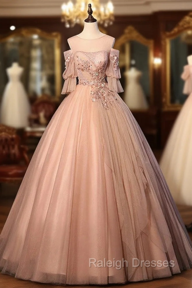 Champagne Pink Tulle Short Sleeve Appliques Beading Quinceanera Dress
