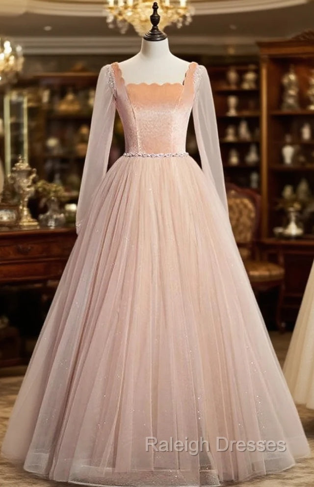 Champagne Pink Tulle Square Long Sleeve Prom Dress