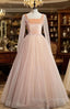 Champagne Pink Tulle Square Long Sleeve Prom Dress
